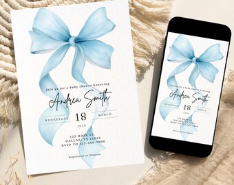 Invitación para baby shower de niño, con lazo azul, plantilla editable, descarga instantánea