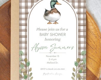 Invitación para baby shower de pato real, invitación rústica para baby shower, invitación para baby shower de caza, plantilla de Canva editable, descarga instantánea
