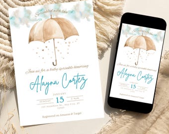 Inbjudan till pojkebabyströssel, paraplybabyströssel, redigerbar Canvas-mall