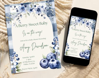Invitación para baby shower de arándanos, un dulce bebé de bayas está en camino, invitación para baby shower de verano, plantilla editable, descarga instantánea