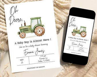 Invitación para baby shower de tractor, invitación para baby shower de John Deere, temática Oh Deere (descarga digital)