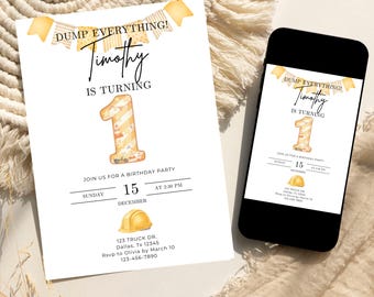 Invitación de primer cumpleaños con temática de camión de construcción, invitación de primer cumpleaños para niño, plantilla editable, descarga instantánea