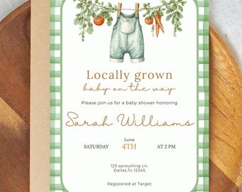 Invitación para baby shower de mercado de agricultores, invitación para baby shower de productos locales, plantilla editable, descarga instantánea