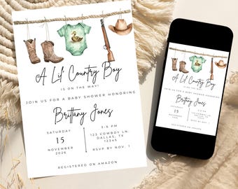 Invitación para baby shower de vaquero, invitación para baby shower de cazador, invitación para baby shower del oeste, plantilla editable, descarga instantánea