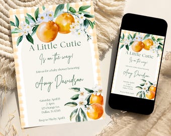 Invitación para baby shower de Little Cuteie, invitación naranja para baby shower, plantilla editable, descarga instantánea