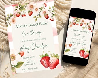 Invitación para baby shower con fresas. Un bebé dulce con bayas está en camino. Plantilla editable y descarga instantánea.