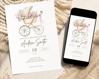 Invitación para baby shower de niña, invitación con cochecito de bebé, invitación vintage para baby shower, plantilla editable, descarga instantánea