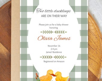 Inbjudan till babyshower för tvillingar, redigerbar canvasmall, direktnedladdning