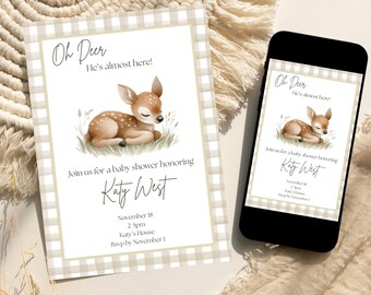 Invitación para baby shower de ciervo, ¡Oh, ciervo, ya casi está aquí!, invitación rústica de bosque (descarga digital)