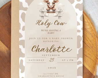 Inbjudan till babyshower med ko, Holy Cow We're Having a Baby-inbjudan, västerländsk babyinbjudan, könsneutral, redigerbar canvasmall, direktnedladdning