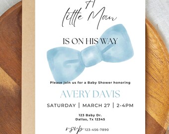 Inbjudan till babyshower för pojke, babyshowerinbjudan för liten man är på väg, redigerbar mall, direktnedladdning