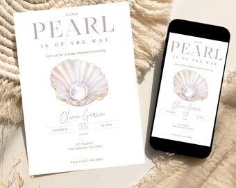 En liten pärlemorinbjudan till babyshower, inbjudan till babyshower vid havet, sommarbabyshower, strandbabyshower, redigerbar canvasmall