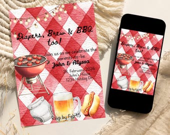 Invitación para fiesta de pañales, baby shower con barbacoa, baby shower mixto, plantilla editable de Canva, descarga instantánea