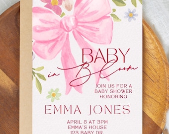 Invitación para baby shower "Baby In Bloom", invitación floral para baby shower, invitación para baby shower de niña, plantilla editable de Canva, descarga instantánea