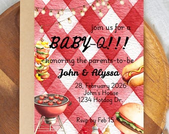 Baby Q Shower-inbjudan, baby Q babyshower, redigerbar mall, direktnedladdning