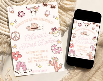 Invitación para el primer rodeo, invitación de cumpleaños para niña del primer rodeo, invitación de vaquera, invitación de cumpleaños de vaquera retro, plantilla editable de Canva