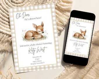 Invitación para baby shower de ciervo, ¡Oh, ciervo, ya casi está aquí!, invitación rústica de bosque (descarga digital)