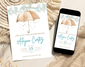 Invitación para baby shower de niño, baby shower con paraguas, plantilla editable de Canva