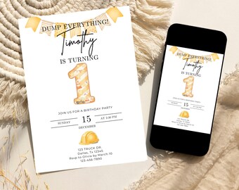 Invitación de primer cumpleaños con temática de camión de construcción, invitación de primer cumpleaños para niño, plantilla editable, descarga instantánea