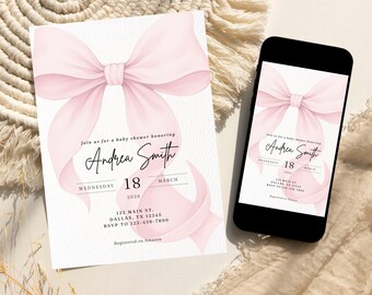 Invitación para baby shower de niña, con lazo rosa, plantilla editable, descarga instantánea