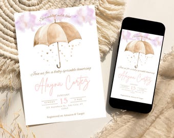 Invitación para baby shower de niña, invitación para baby shower con paraguas, plantilla editable de Canva