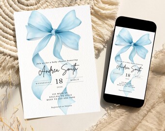 Invitación para baby shower de niño, con lazo azul, plantilla editable, descarga instantánea
