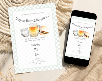 Diaper Party Invitation, baby shower invitation, diapers brew and burgers too, editable canva template, instant download