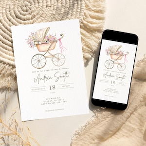 May include: A baby shower invitation and a smartphone displaying the same design. The invitation features a watercolor illustration of a vintage baby carriage filled with flowers. The text reads "Join us for a baby shower honoring Andrea Smith".