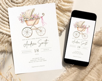 Invitación para baby shower de niña, invitación con cochecito de bebé, invitación vintage para baby shower, plantilla editable, descarga instantánea