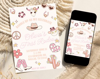 Invitación para el primer rodeo, invitación de cumpleaños para niña del primer rodeo, invitación de vaquera, invitación de cumpleaños de vaquera retro, plantilla editable de Canva