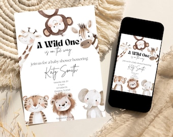 Invitación para baby shower con temática de safari, invitación para baby shower con temática de la selva, plantilla editable de Canva, descarga instantánea.