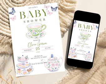 Invitación para baby shower con tema de té, diseño floral (plantilla editable)