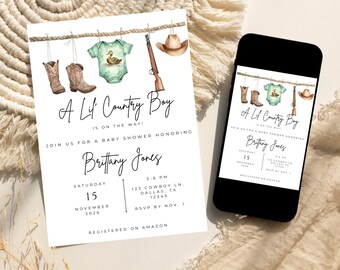 Invitación para baby shower con temática vaquera, invitación rústica del oeste, para niño de campo (descarga digital)