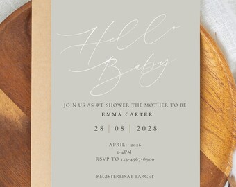 Modern minimalistisk babyshowerinbjudan, redigerbar mall (digital nedladdning)