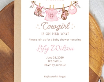 Inbjudan till cowgirl-babyshower, western babyshower-inbjudan, redigerbar Canvas-mall (digital nedladdning)