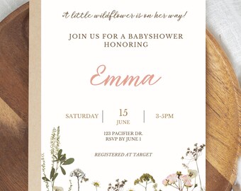Inbjudan till babyshower med vildblommor, blommig Canvasmall (digital nedladdning)