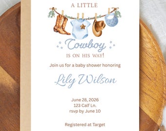 Invitación para baby shower de vaquero, temática del oeste, plantilla editable (descarga digital)