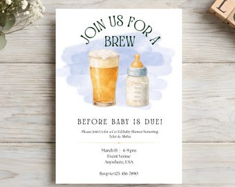 Preparar el té antes del parto, invitación para baby shower mixto, plantilla editable de Canva, descarga instantánea