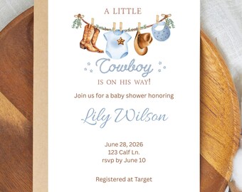Invitación para baby shower con temática vaquera, estilo western, plantilla editable (descarga digital)