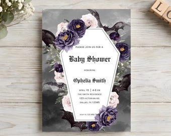 Invitación gótica para baby shower, invitación de Halloween, plantilla editable, descarga instantánea