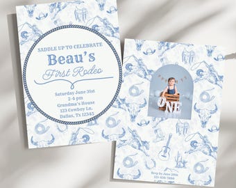 Invitación de cumpleaños con temática del primer rodeo, invitación de cumpleaños con temática del oeste, plantilla editable de Canva, descarga instantánea.