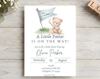 Invitación para baby shower de golf, Un pequeño palo de golf está en camino, Invitación para baby shower de niño, editable, descarga instantánea