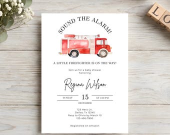 Invitación para baby shower de bombero, invitación para baby shower de niño, plantilla de Cannon editable, descarga instantánea