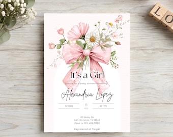 Invitación para baby shower de niña, invitación floral para baby shower, es una niña, plantilla de Canva editable, descarga instantánea