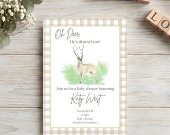 Invitación para baby shower de Oh Deer, invitación para baby shower de niño, invitación rústica para baby shower, plantilla editable, descarga instantánea