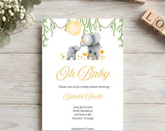 Invitación para baby shower de elefante, invitación para baby shower de safari, baby shower de género neutro, plantilla de Cannon editable, descarga instantánea