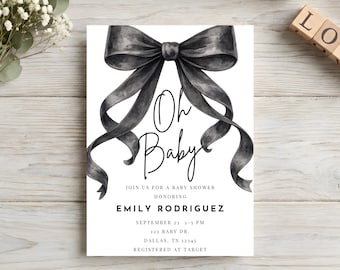 Invitación para baby shower con lazo negro, elegante, elegante, plantilla editable, descarga instantánea.