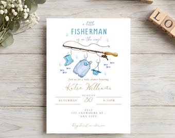 Invitación para baby shower de pesca, invitación para baby shower de un pequeño pescador en camino, invitación para baby shower de niño, editable, descarga instantánea