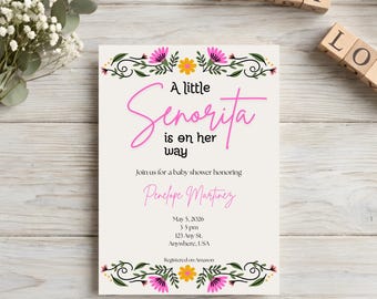Invitación para baby shower de Fiesta, temática de Señorita, plantilla editable de Canva (descarga digital)