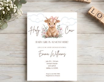 Invitación para baby shower de niña, invitación para baby shower de vaca de las Highlands, editable, descarga instantánea